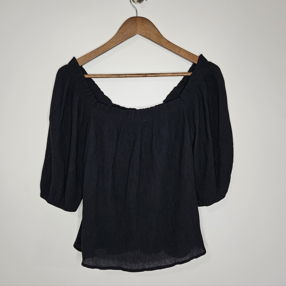Abercrombie Crinkle Textured Puff Sleeve Top M Dark Navy